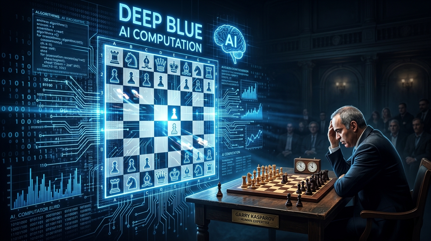 AI chess piece overshadowing a human grandmaster — computation beats human expertise | Source: Benjamin Li